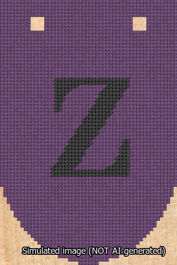 A simulated image of the stitched needlepoint design: Banner 13m Rounded Z Black on Purple. Not A.I. generated.