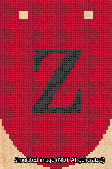 A simulated image of the stitched needlepoint design: Banner 13m Rounded Z Black on Red. Not A.I. generated.