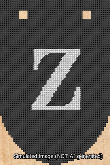 A simulated image of the stitched needlepoint design: Banner 13m Rounded Z White on Black. Not A.I. generated.