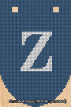 A simulated image of the stitched needlepoint design: Banner 13m Rounded Z White on Blue. Not A.I. generated.