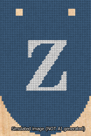 A simulated image of the stitched needlepoint design: Banner 13m Rounded Z White on Blue. Not A.I. generated.