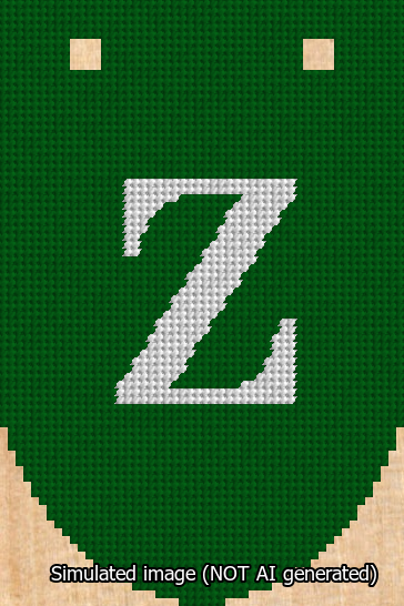 A simulated image of the stitched needlepoint design: Banner 13m Rounded Z White on Green. Not A.I. generated.
