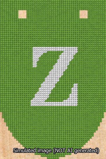 A simulated image of the stitched needlepoint design: Banner 13m Rounded Z White on Light Green. Not A.I. generated.