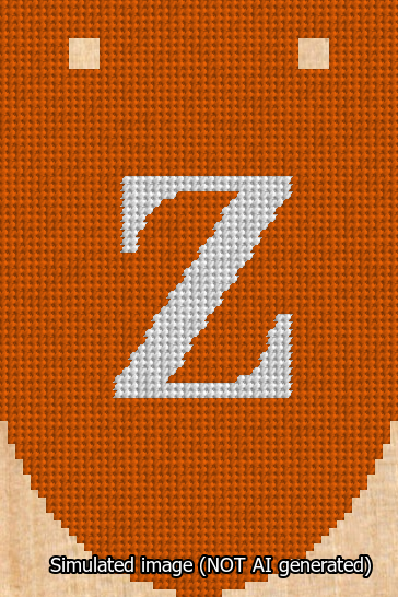 A simulated image of the stitched needlepoint design: Banner 13m Rounded Z White on Orange. Not A.I. generated.