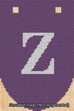 A simulated image of the stitched needlepoint design: Banner 13m Rounded Z White on Purple. Not A.I. generated.