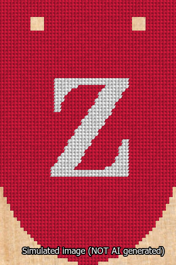 A simulated image of the stitched needlepoint design: Banner 13m Rounded Z White on Red. Not A.I. generated.