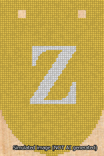A simulated image of the stitched needlepoint design: Banner 13m Rounded Z White on Yellow. Not A.I. generated.