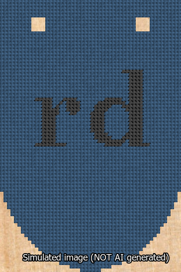 A simulated image of the stitched needlepoint design: Banner 13m Rounded rd Black on Blue. Not A.I. generated.