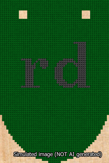 A simulated image of the stitched needlepoint design: Banner 13m Rounded rd Black on Green. Not A.I. generated.