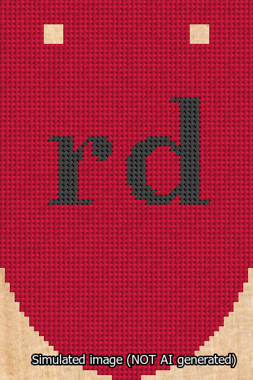 A simulated image of the stitched needlepoint design: Banner 13m Rounded rd Black on Red. Not A.I. generated.