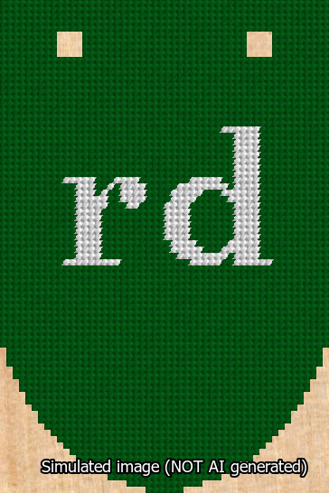 A simulated image of the stitched needlepoint design: Banner 13m Rounded rd White on Green. Not A.I. generated.