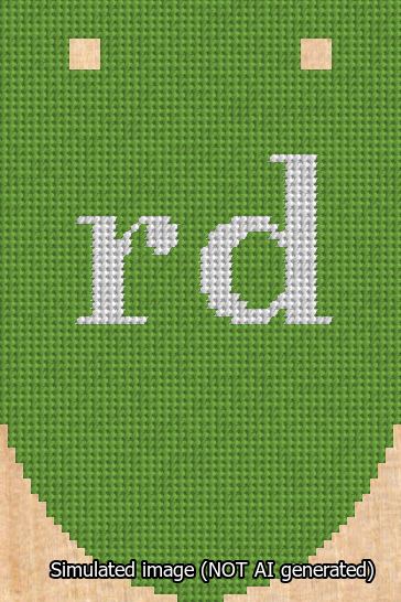 A simulated image of the stitched needlepoint design: Banner 13m Rounded rd White on Light Green. Not A.I. generated.