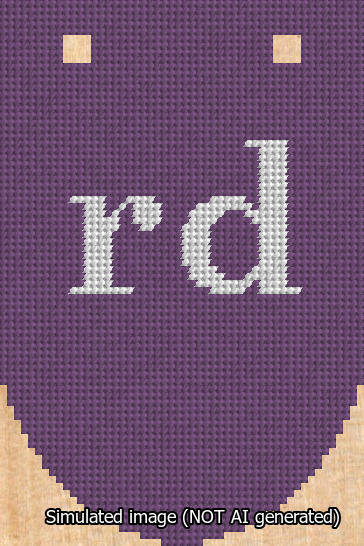 A simulated image of the stitched needlepoint design: Banner 13m Rounded rd White on Purple. Not A.I. generated.