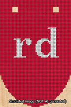 A simulated image of the stitched needlepoint design: Banner 13m Rounded rd White on Red. Not A.I. generated.