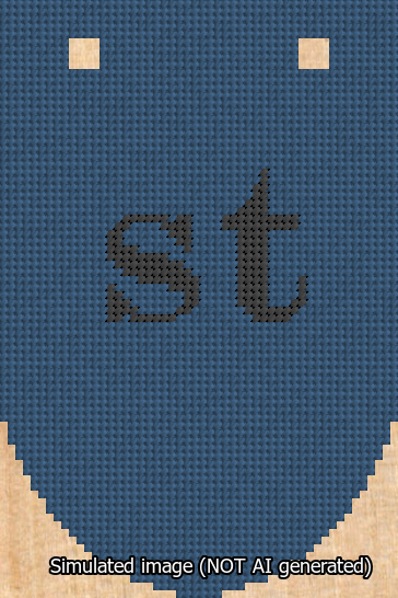 A simulated image of the stitched needlepoint design: Banner 13m Rounded st Black on Blue. Not A.I. generated.