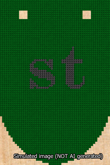 A simulated image of the stitched needlepoint design: Banner 13m Rounded st Black on Green. Not A.I. generated.