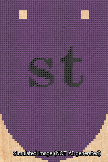 A simulated image of the stitched needlepoint design: Banner 13m Rounded st Black on Purple. Not A.I. generated.