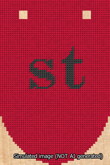 A simulated image of the stitched needlepoint design: Banner 13m Rounded st Black on Red. Not A.I. generated.