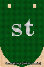 A simulated image of the stitched needlepoint design: Banner 13m Rounded st White on Green. Not A.I. generated.