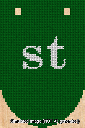 A simulated image of the stitched needlepoint design: Banner 13m Rounded st White on Green. Not A.I. generated.