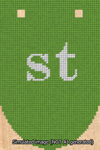 A simulated image of the stitched needlepoint design: Banner 13m Rounded st White on Light Green. Not A.I. generated.