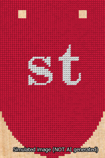 A simulated image of the stitched needlepoint design: Banner 13m Rounded st White on Red. Not A.I. generated.