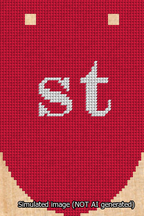 A simulated image of the stitched needlepoint design: Banner 13m Rounded st White on Red. Not A.I. generated.