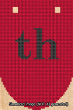 A simulated image of the stitched needlepoint design: Banner 13m Rounded th Black on Red. Not A.I. generated.