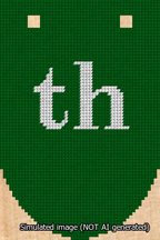 A simulated image of the stitched needlepoint design: Banner 13m Rounded th White on Green. Not A.I. generated.