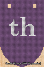 A simulated image of the stitched needlepoint design: Banner 13m Rounded th White on Purple. Not A.I. generated.