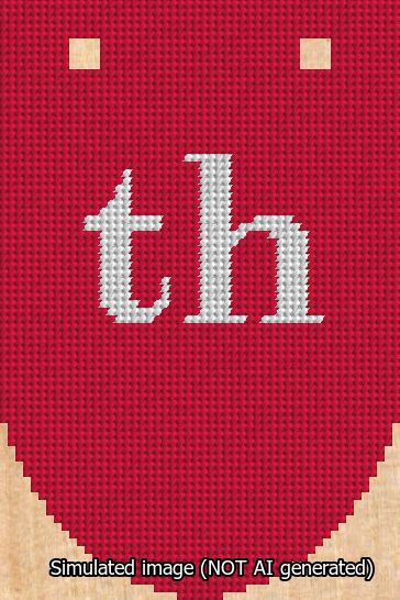 A simulated image of the stitched needlepoint design: Banner 13m Rounded th White on Red. Not A.I. generated.