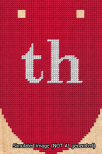 A simulated image of the stitched needlepoint design: Banner 13m Rounded th White on Red. Not A.I. generated.