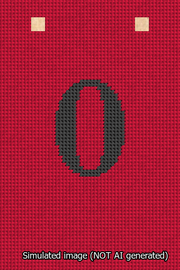 A simulated image of the stitched needlepoint design: Banner 13m Squared 0 Black on Red. Not A.I. generated.