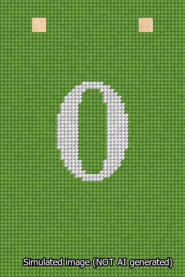 A simulated image of the stitched needlepoint design: Banner 13m Squared 0 White on Light Green. Not A.I. generated.