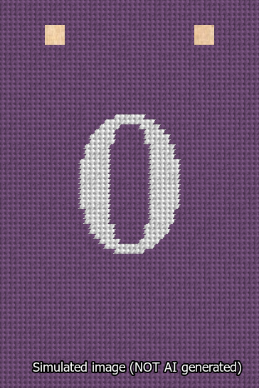 A simulated image of the stitched needlepoint design: Banner 13m Squared 0 White on Purple. Not A.I. generated.