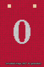 A simulated image of the stitched needlepoint design: Banner 13m Squared 0 White on Red. Not A.I. generated.