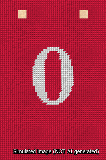 A simulated image of the stitched needlepoint design: Banner 13m Squared 0 White on Red. Not A.I. generated.