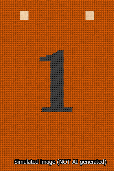 A simulated image of the stitched needlepoint design: Banner 13m Squared 1 Black on Orange. Not A.I. generated.