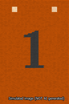 A simulated image of the stitched needlepoint design: Banner 13m Squared 1 Black on Orange. Not A.I. generated.