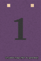 A simulated image of the stitched needlepoint design: Banner 13m Squared 1 Black on Purple. Not A.I. generated.