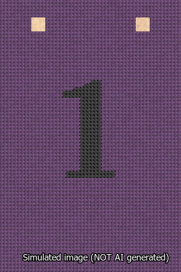 A simulated image of the stitched needlepoint design: Banner 13m Squared 1 Black on Purple. Not A.I. generated.
