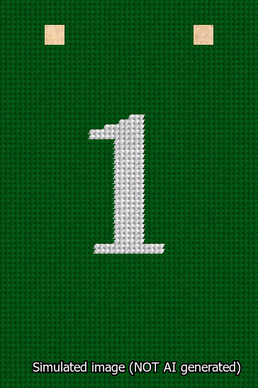 A simulated image of the stitched needlepoint design: Banner 13m Squared 1 White on Green. Not A.I. generated.