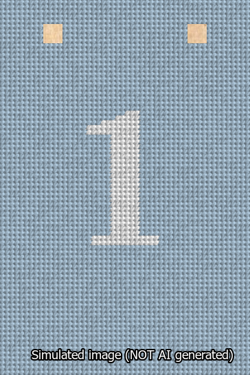 A simulated image of the stitched needlepoint design: Banner 13m Squared 1 White on Light Blue. Not A.I. generated.