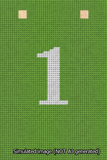 A simulated image of the stitched needlepoint design: Banner 13m Squared 1 White on Light Green. Not A.I. generated.
