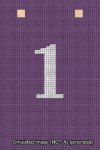 A simulated image of the stitched needlepoint design: Banner 13m Squared 1 White on Purple. Not A.I. generated.