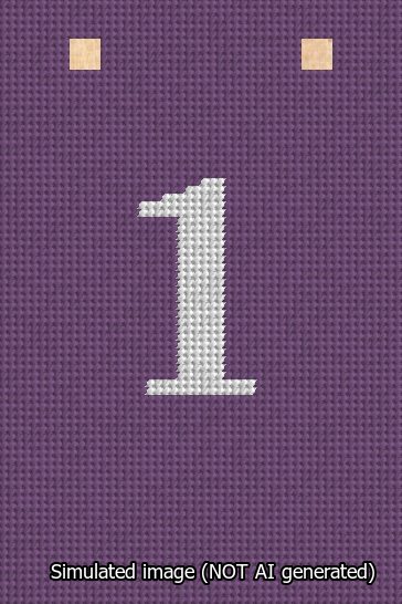 A simulated image of the stitched needlepoint design: Banner 13m Squared 1 White on Purple. Not A.I. generated.