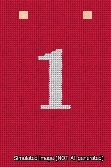 A simulated image of the stitched needlepoint design: Banner 13m Squared 1 White on Red. Not A.I. generated.
