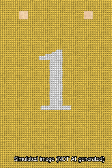 A simulated image of the stitched needlepoint design: Banner 13m Squared 1 White on Yellow. Not A.I. generated.