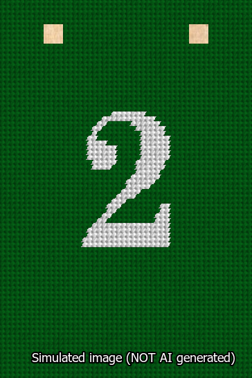 A simulated image of the stitched needlepoint design: Banner 13m Squared 2 White on Green. Not A.I. generated.
