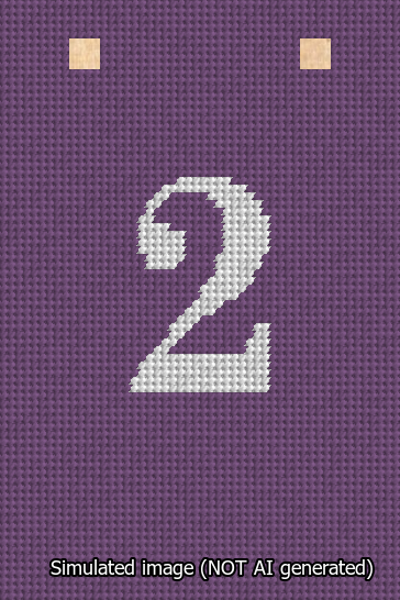 A simulated image of the stitched needlepoint design: Banner 13m Squared 2 White on Purple. Not A.I. generated.